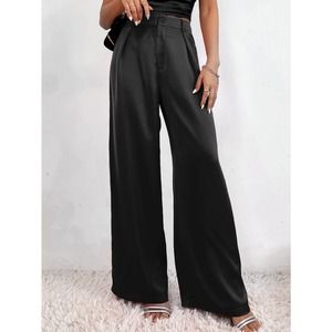 High Waist Plicated Detail Satin Tailored wide leg dress Pants black